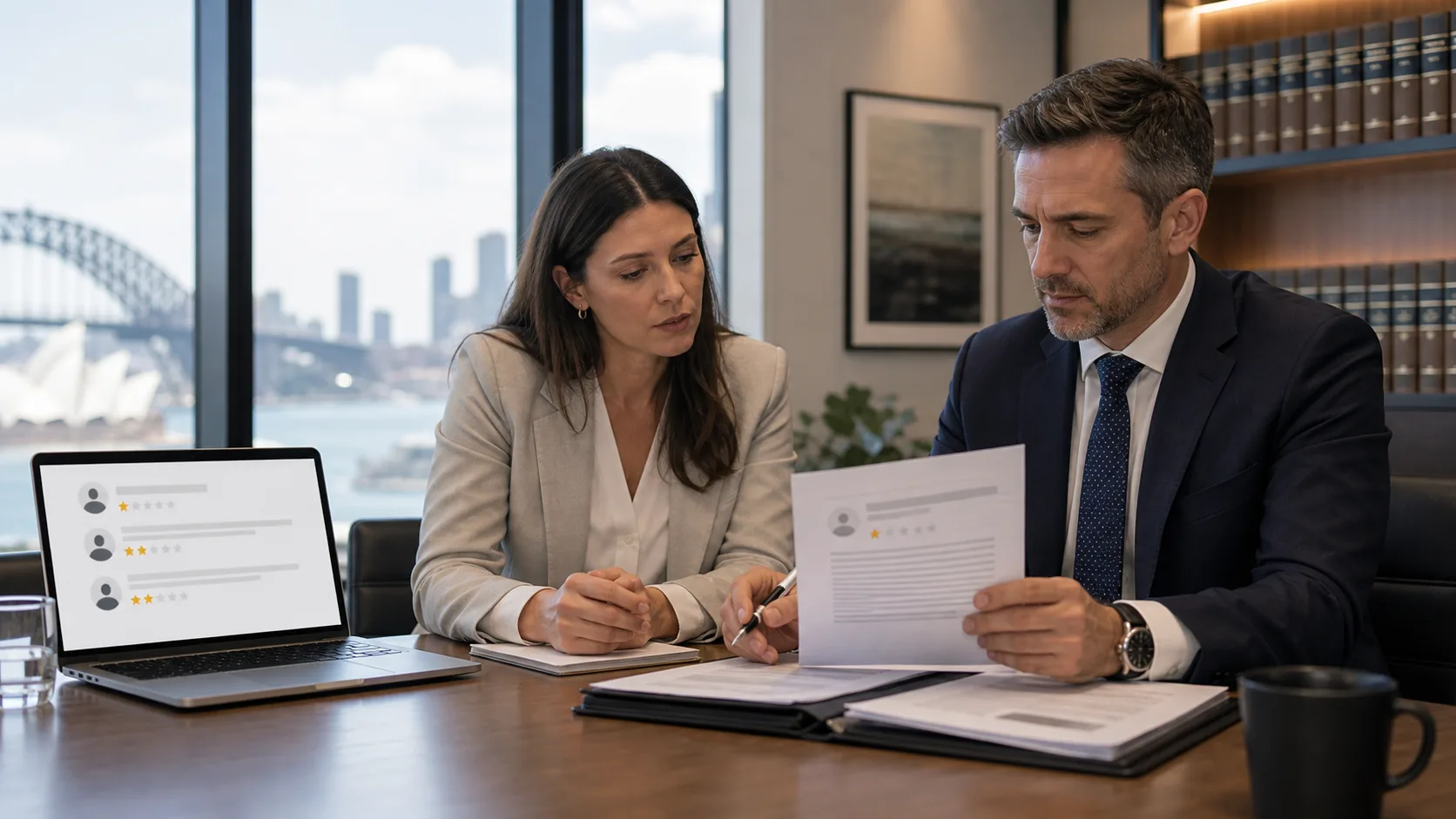 Australian lawyer reviewing a defamatory Google review evidence file in Sydney