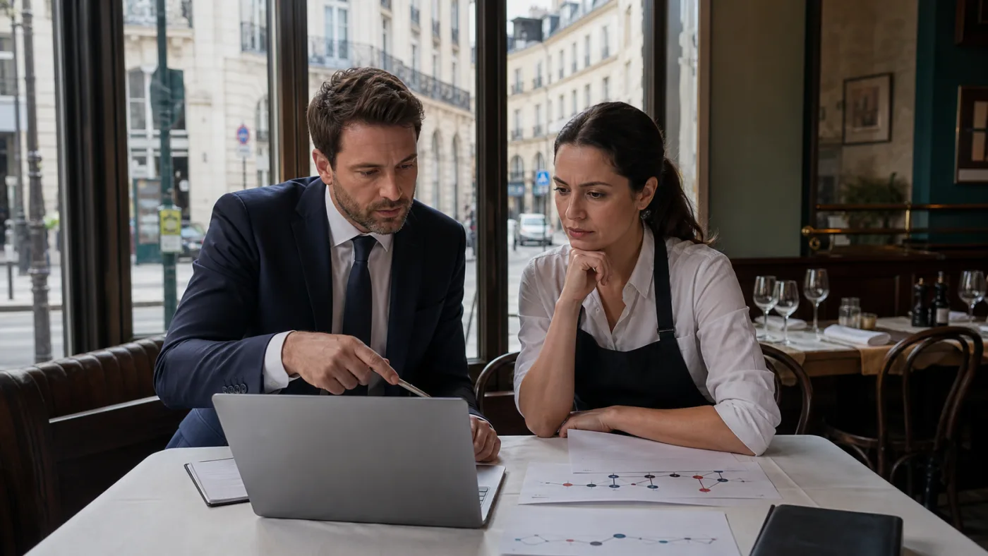 Brussels restaurantteam en advocaat analyseren een gecoordineerde Google reviewcampagne