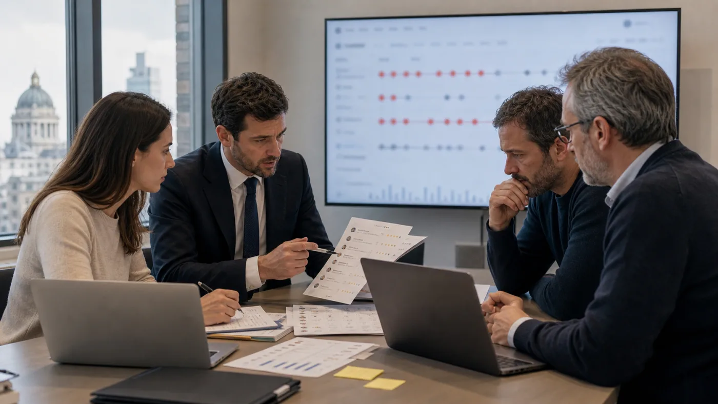 Belgian lawyer and business team analysing a coordinated Google review campaign in Brussels