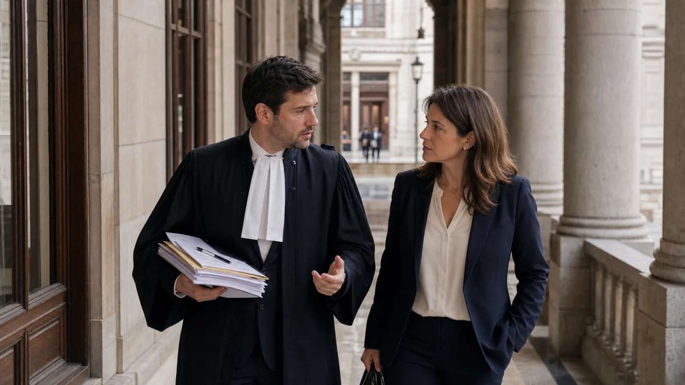 Avocat belge devant un palais de justice pour règles civiles et pénales de diffamation