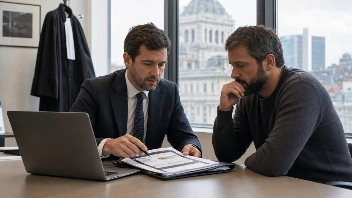 Avocat belge examinant un avis Google diffamatoire dans un cabinet à Bruxelles