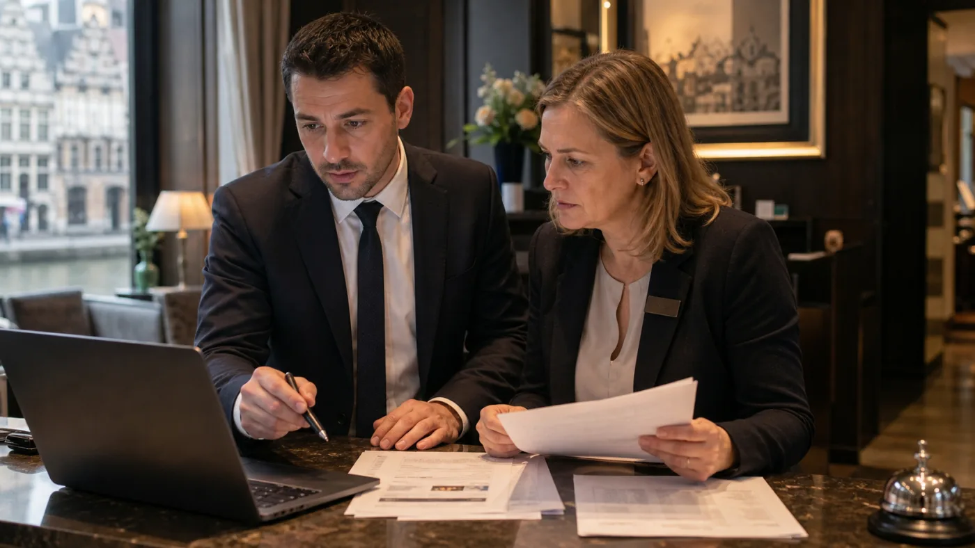 Ghent hotel team and lawyer checking booking records against a suspicious Google review