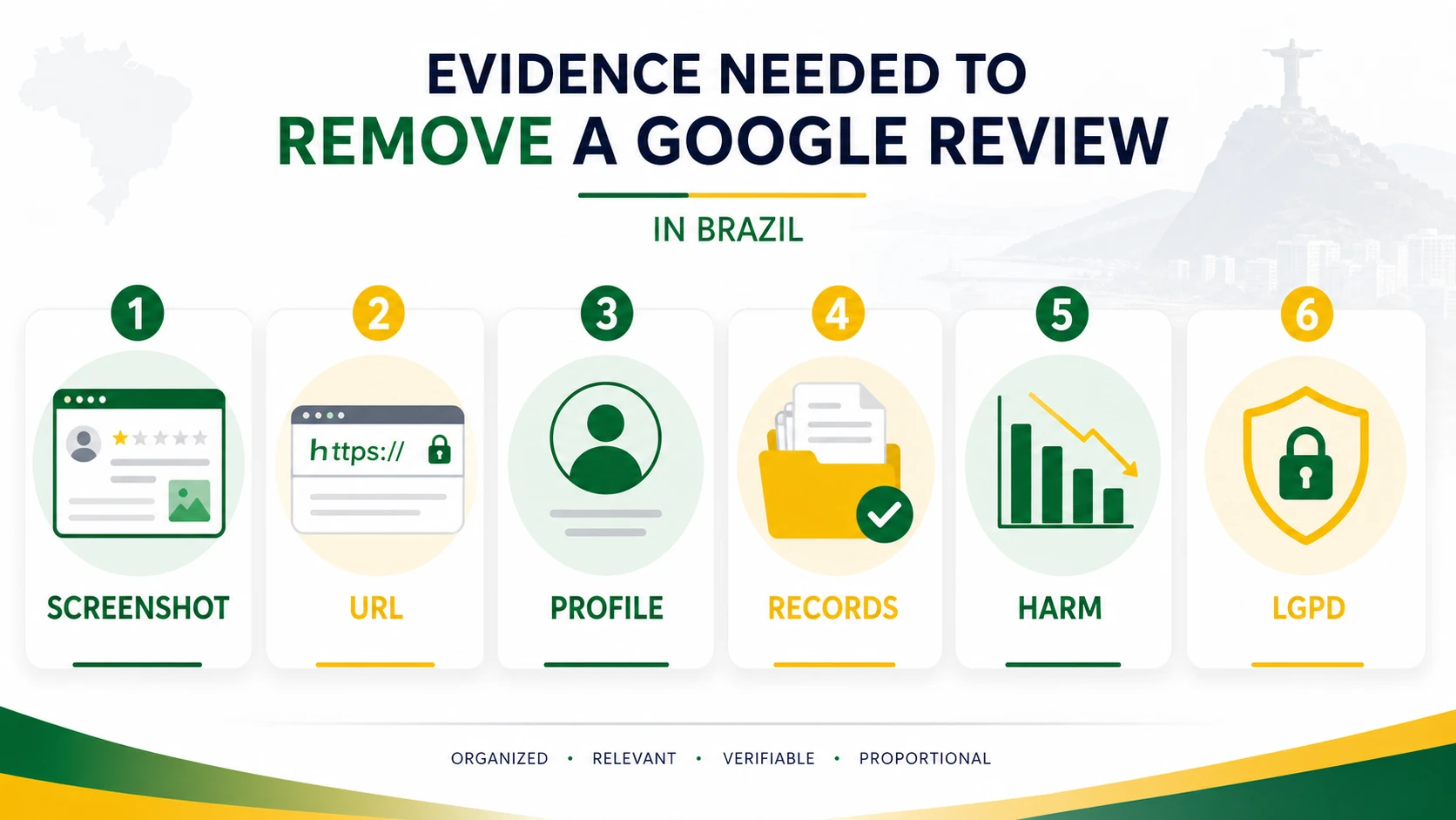 English infographic about evidence needed to remove a Google review in Brazil