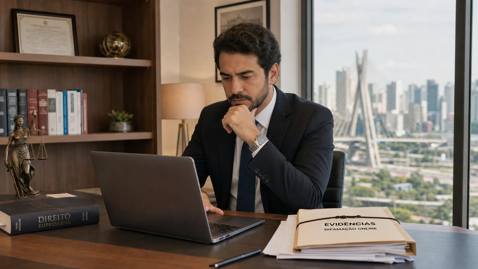 Brazilian lawyer and business owner reviewing a defamatory Google review in Sao Paulo
