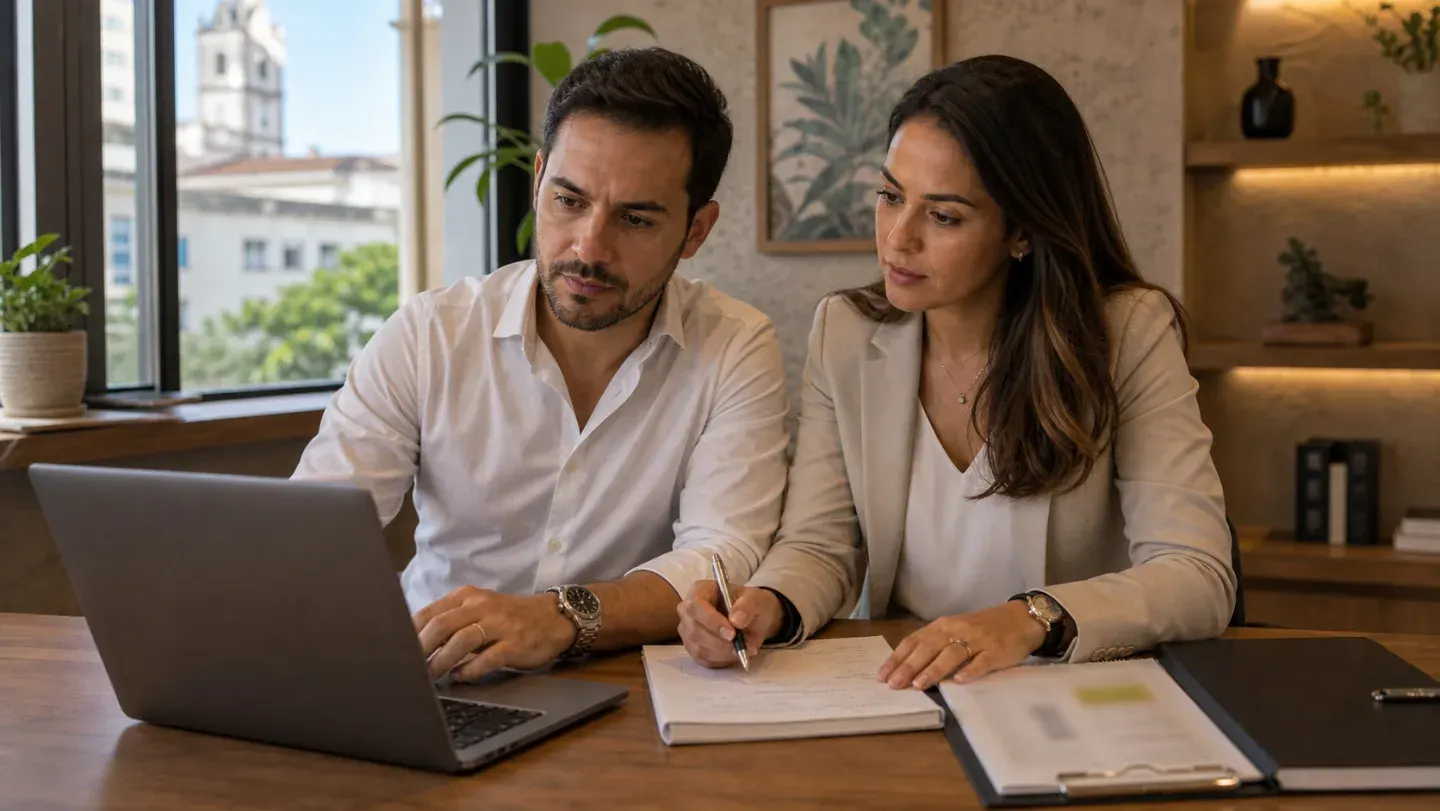 Empresário brasileiro e advogada preparando resposta a avaliação Google no Brasil