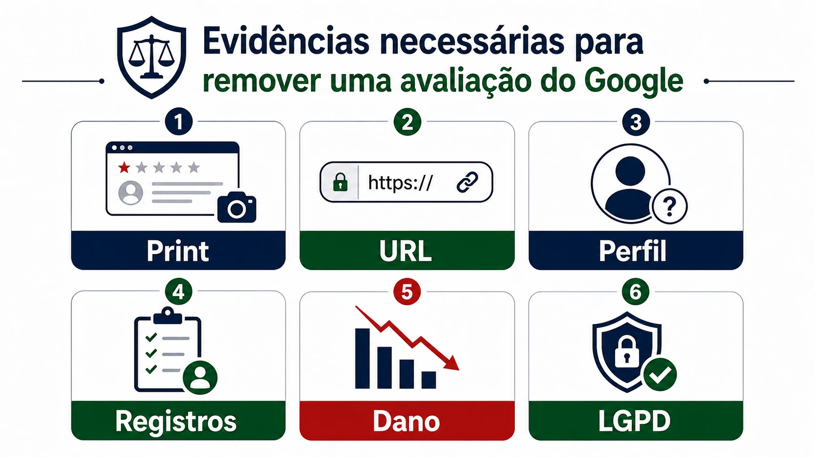 Infográfico sobre provas para remover avaliação Google no Brasil