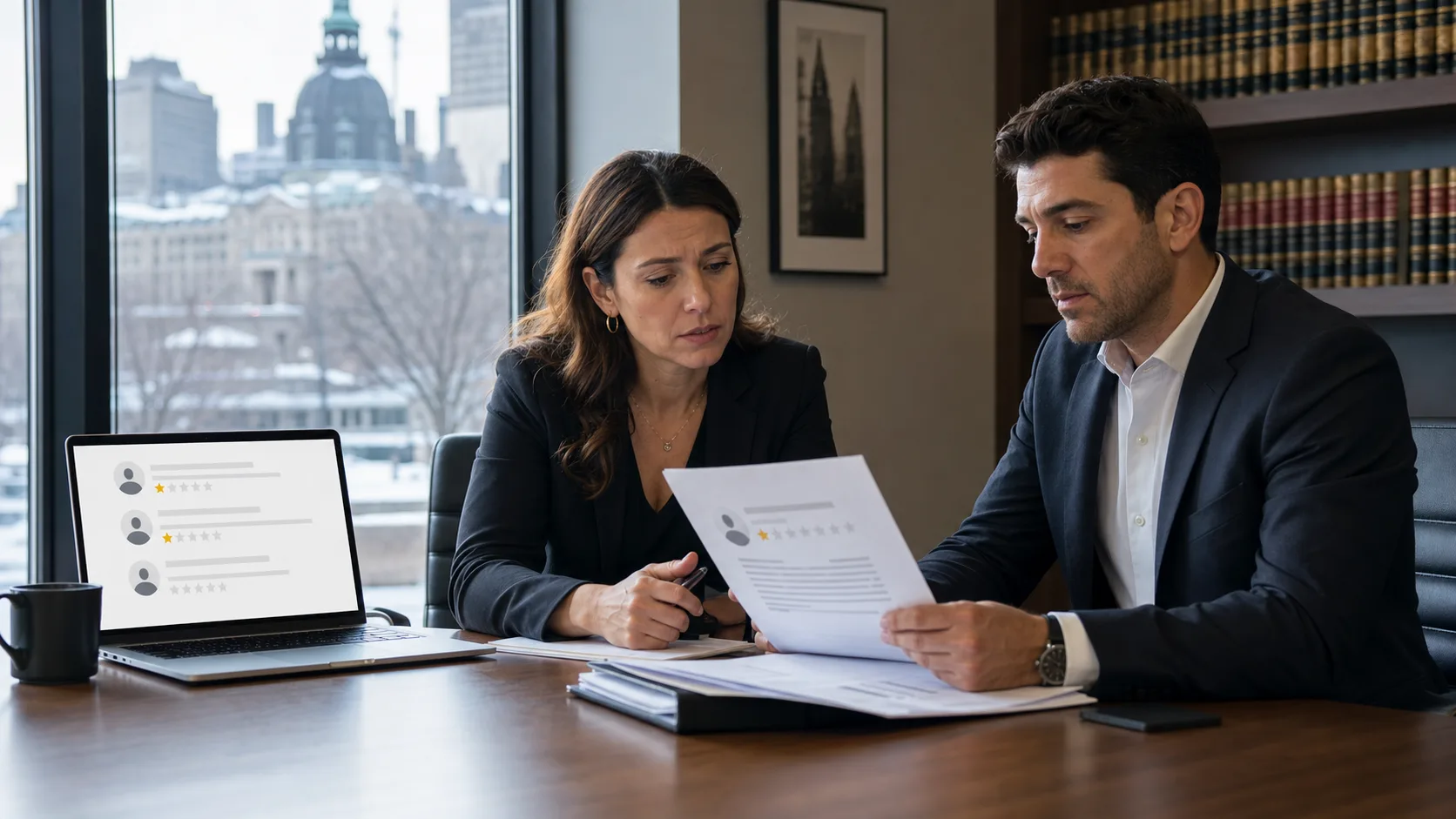 Canadian lawyer reviewing a defamatory Google review evidence file with a business owner