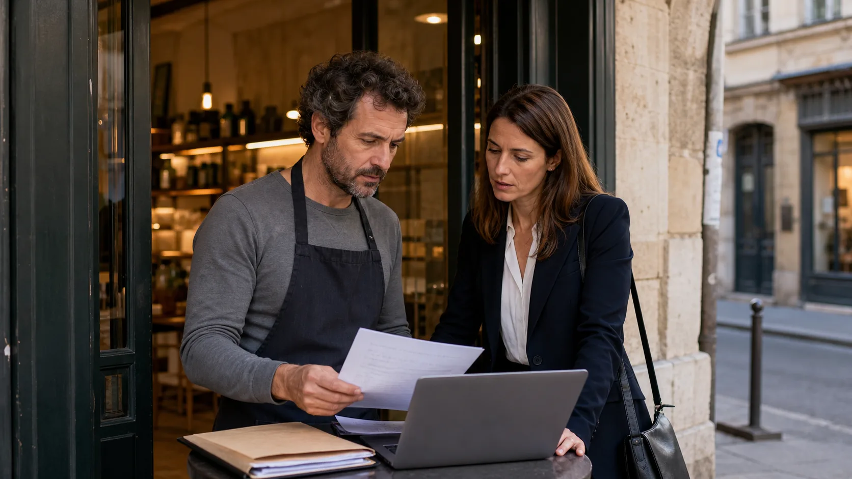 Commerçant lyonnais et avocat évaluant l'impact d'un faux avis Google