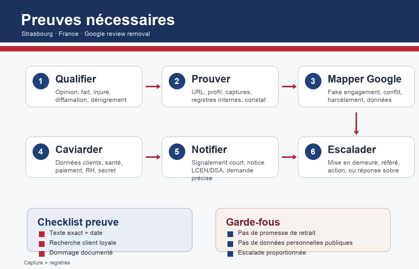 Infographie checklist des preuves pour supprimer un avis Google en France