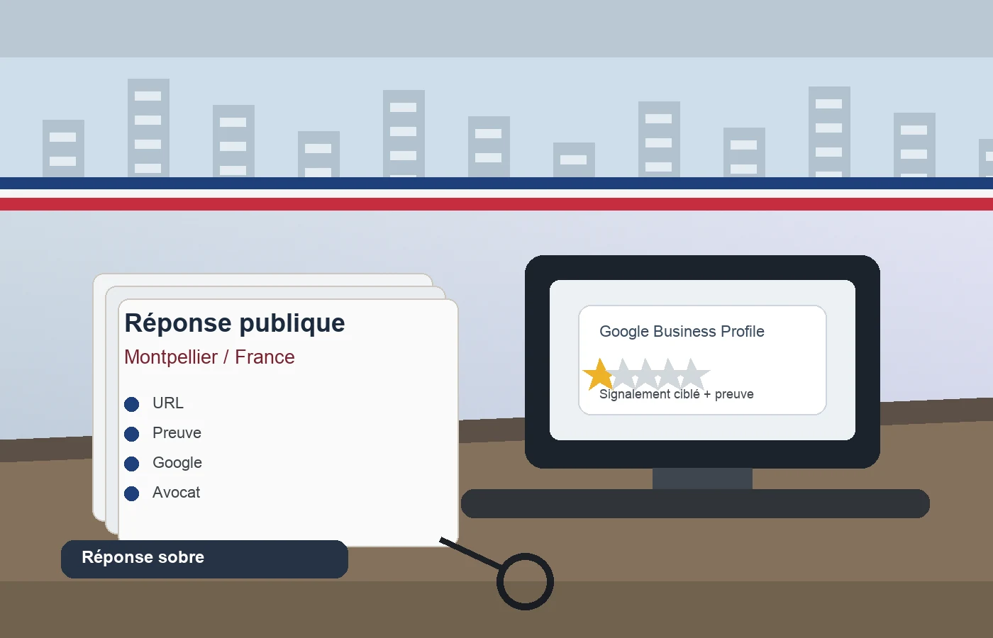 Dirigeante française rédigeant une réponse publique à un avis Google négatif à Montpellier