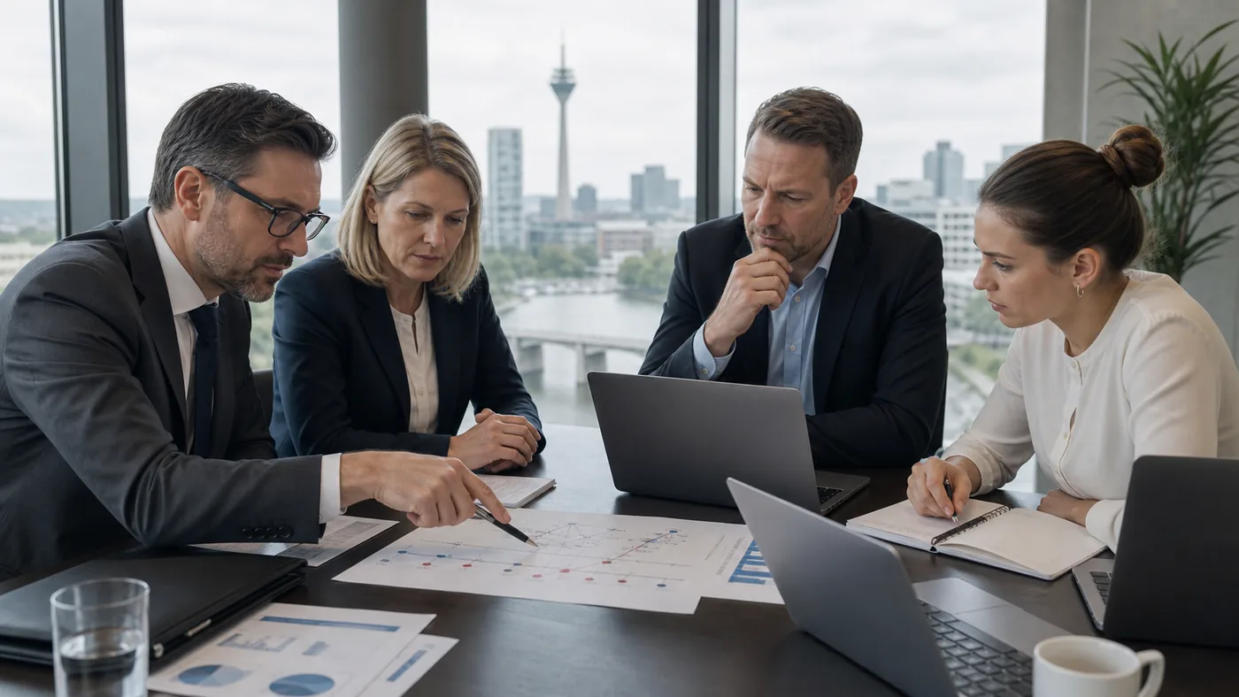 German business team and lawyer analysing a coordinated negative review campaign in Dusseldorf