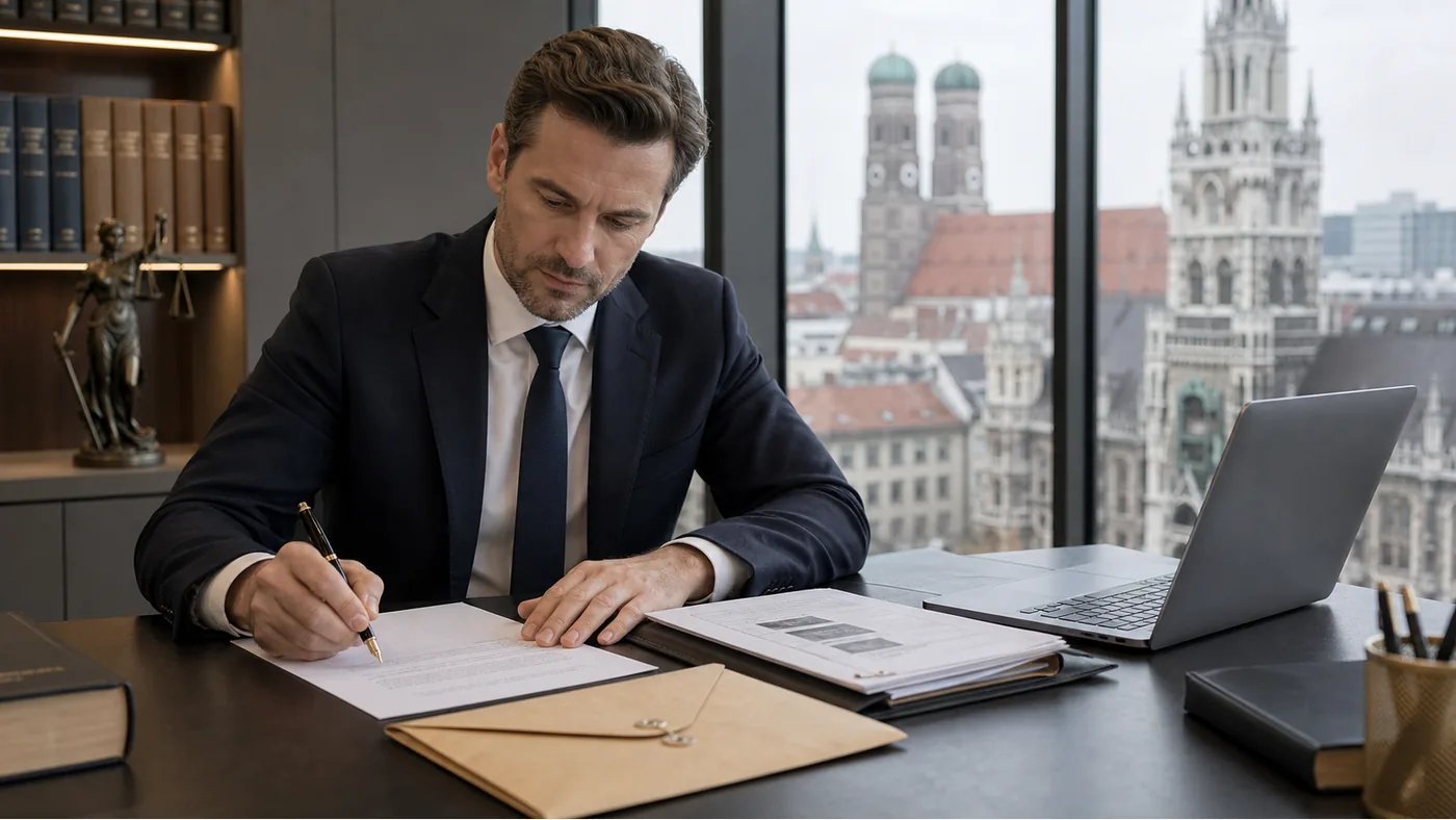 German lawyer preparing a cease-and-desist letter for a Google review dispute in Munich