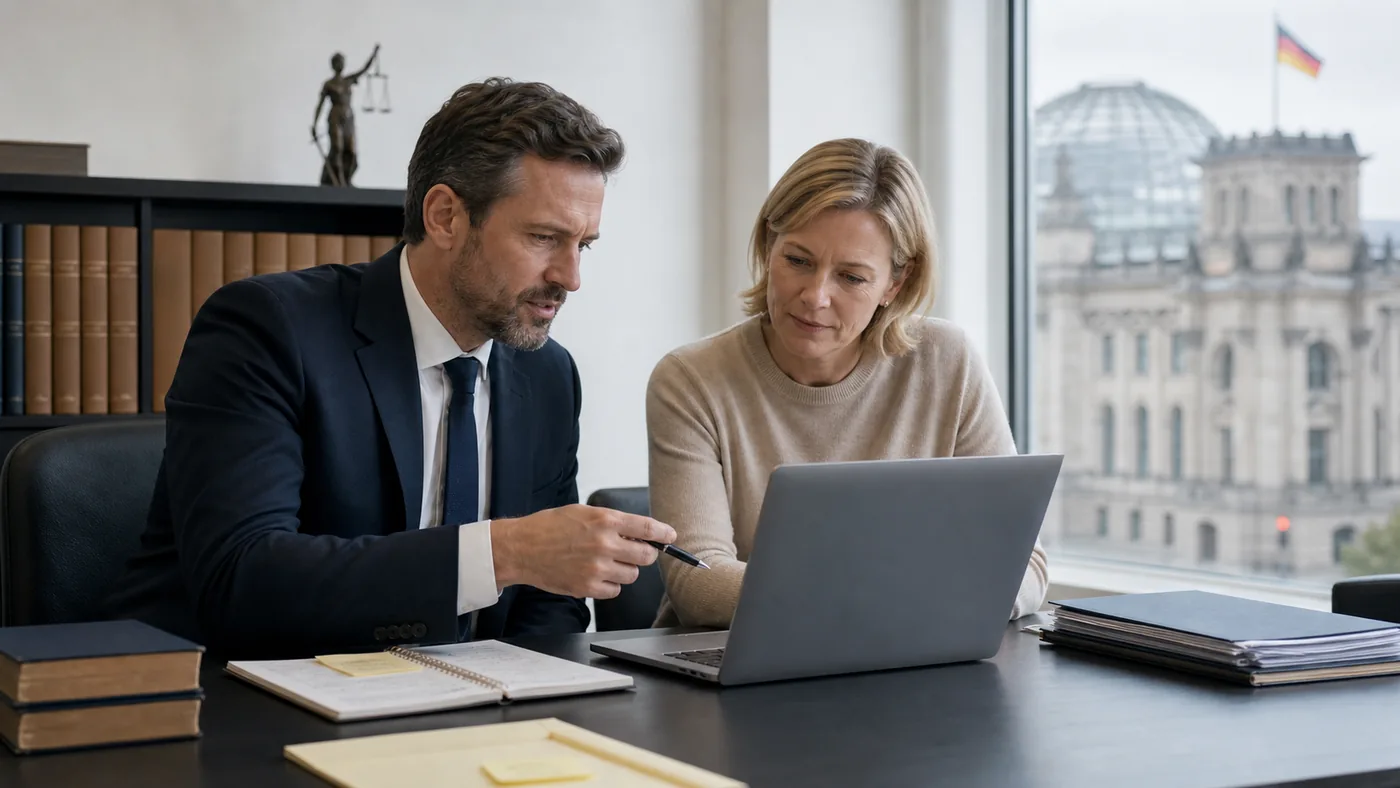 German lawyer and business owner drafting a measured public response to a harmful review in Berlin