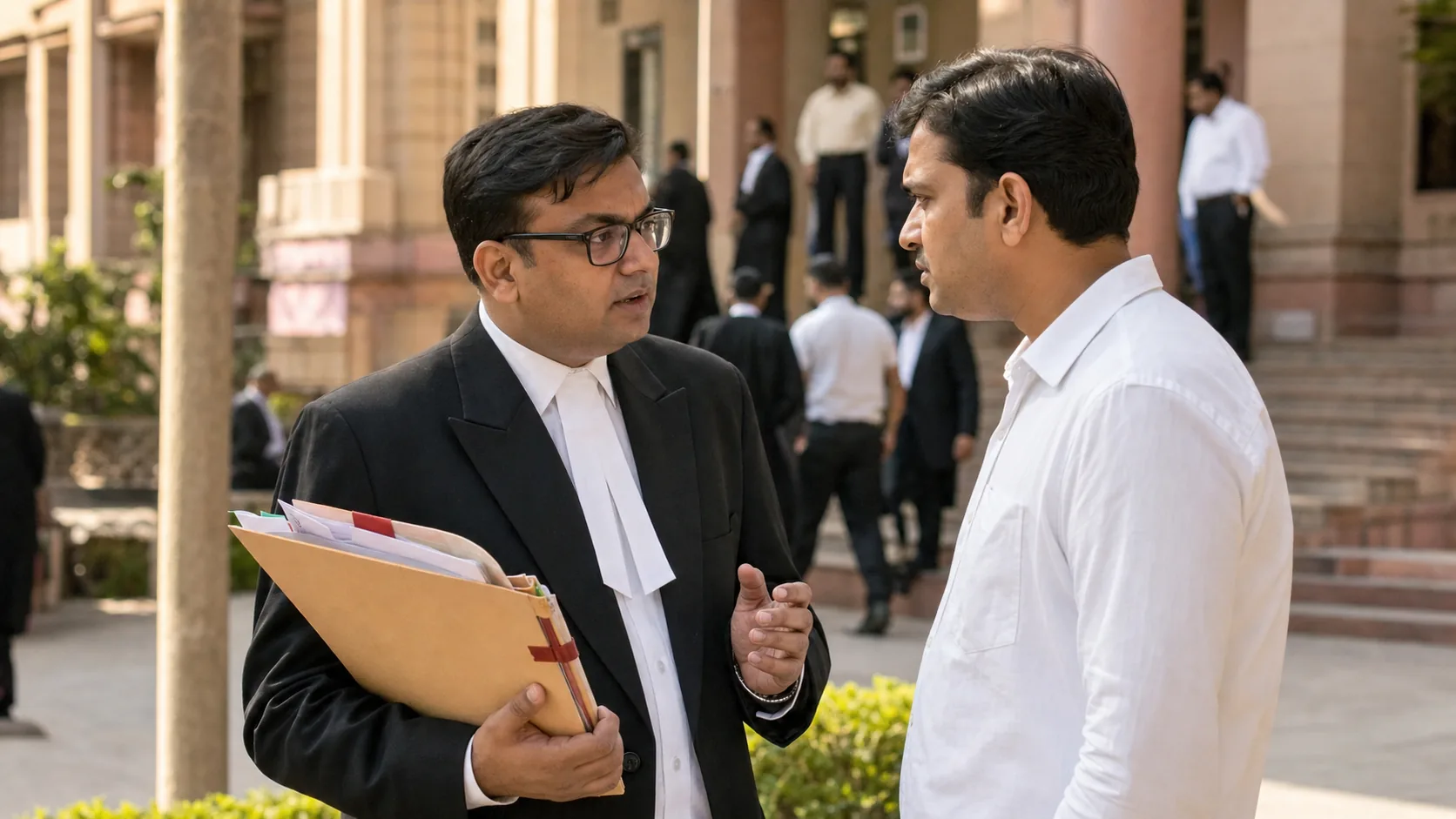 भारत में अदालत परिसर के बाहर अधिवक्ता और ग्राहक मानहानि फाइल पर चर्चा करते हुए