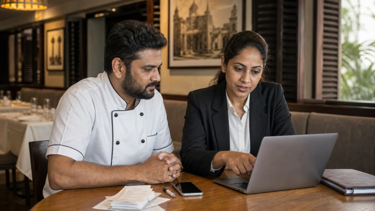 Indian restaurant owner drafting a careful response to a harmful Google review in Chennai