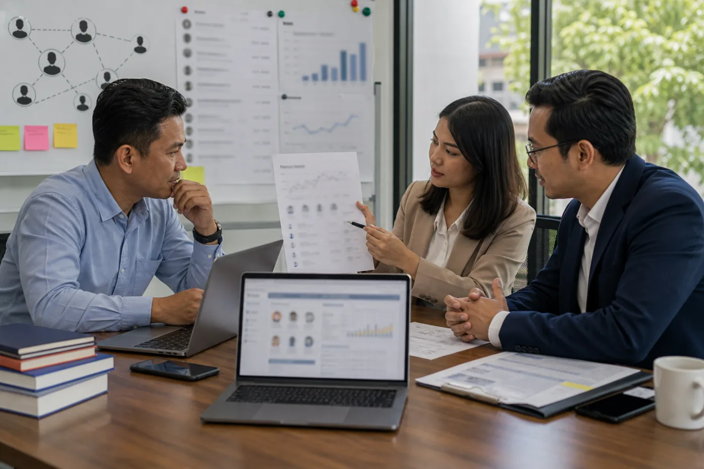 Indonesian business team in Bandung analysing a coordinated Google review attack
