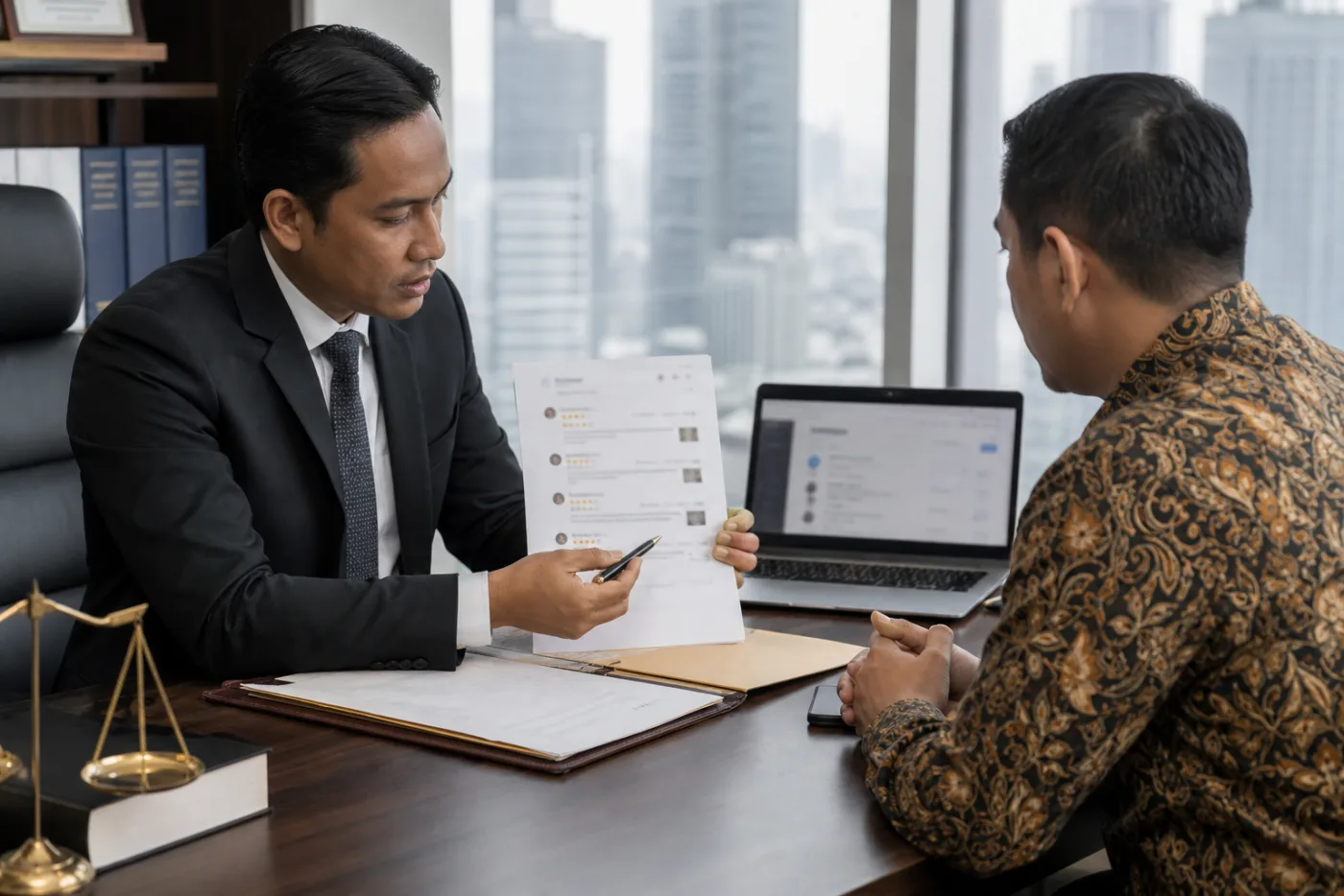 Indonesian lawyer reviewing a defamatory Google review file in a Jakarta law office