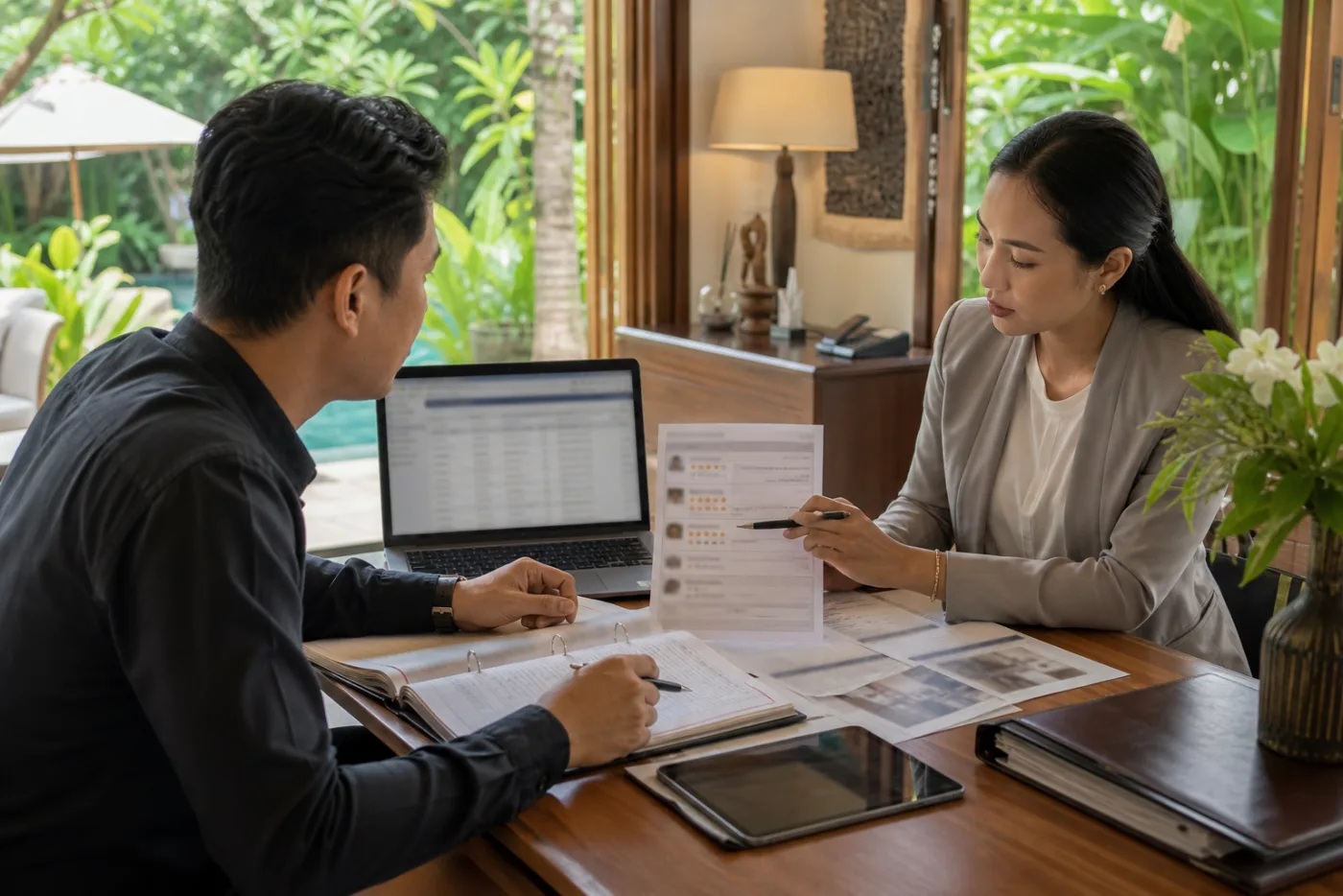 Bali hospitality team checking reservation records against suspicious Google reviews
