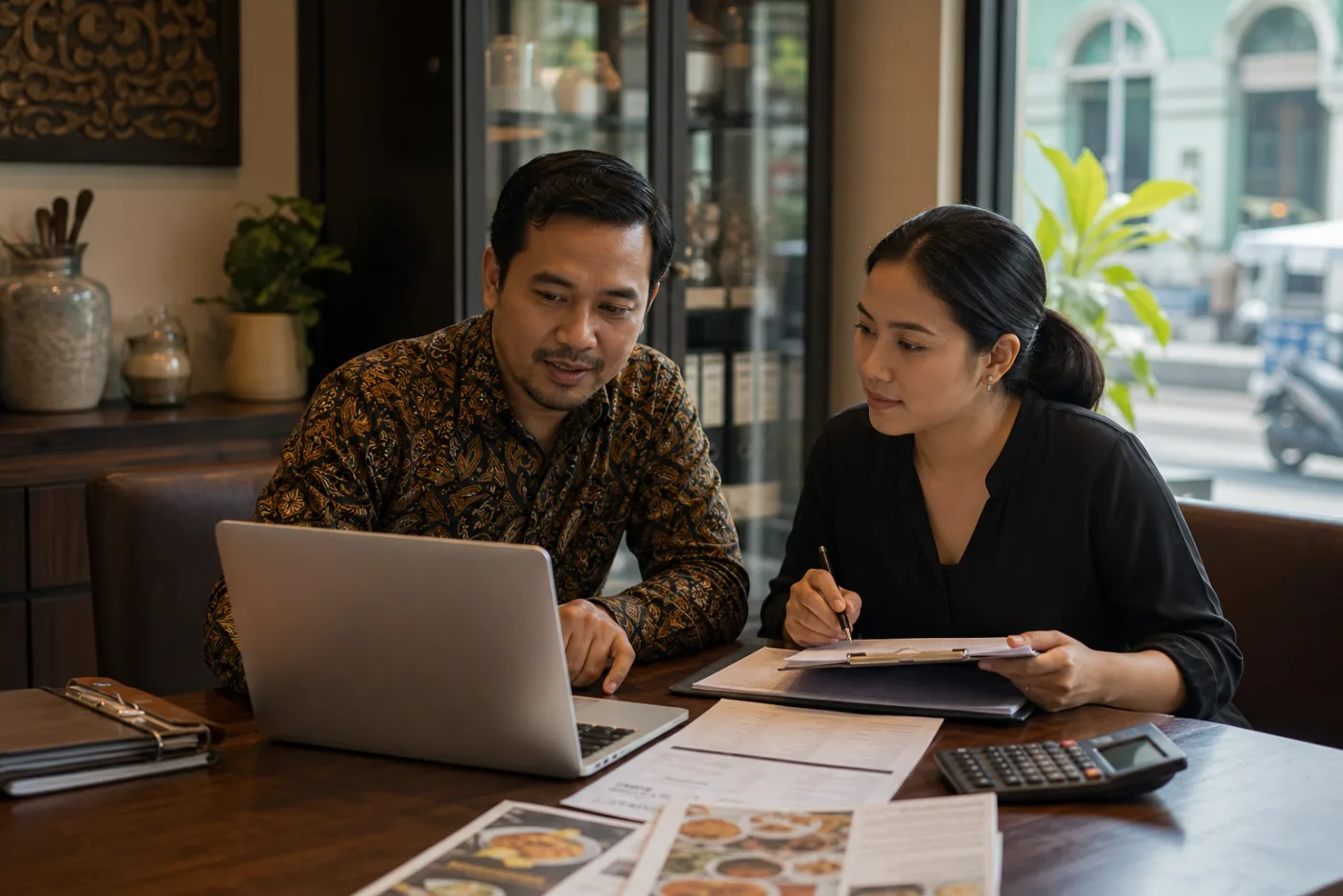 Indonesian restaurant owner drafting a careful Google review response in Medan