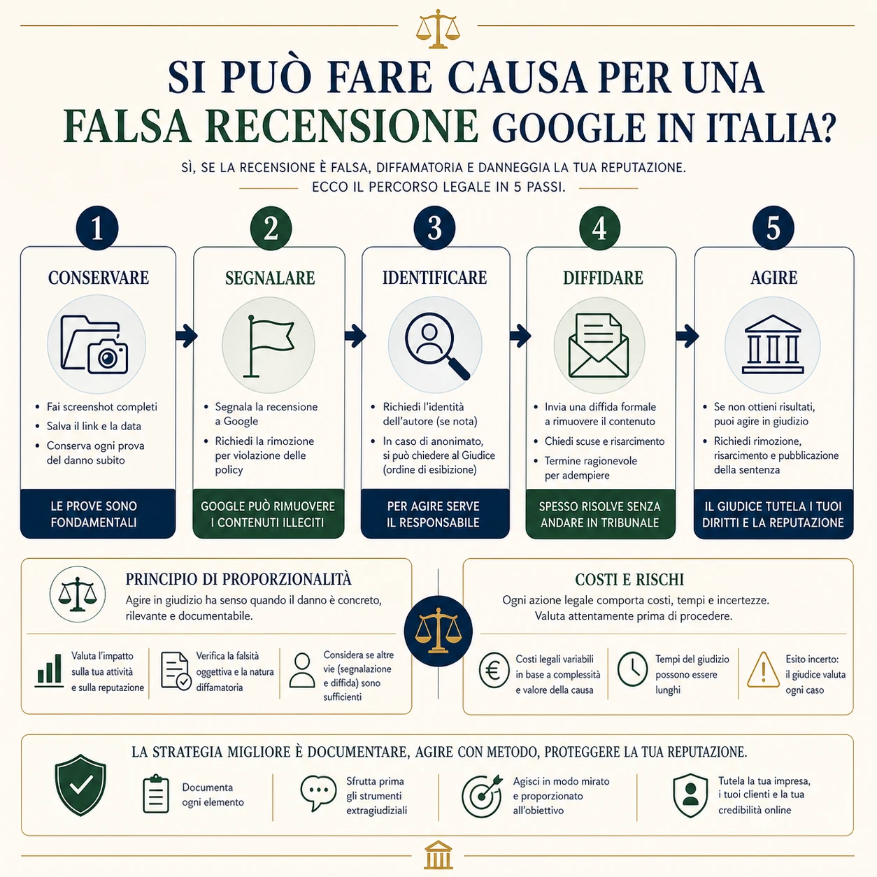 Infografica decisionale sulla causa per falsa recensione Google in Italia