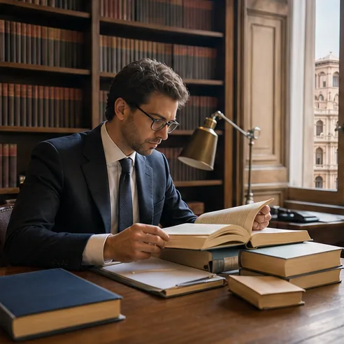 Avvocato in biblioteca giuridica italiana ricerca giurisprudenza sulla diffamazione online