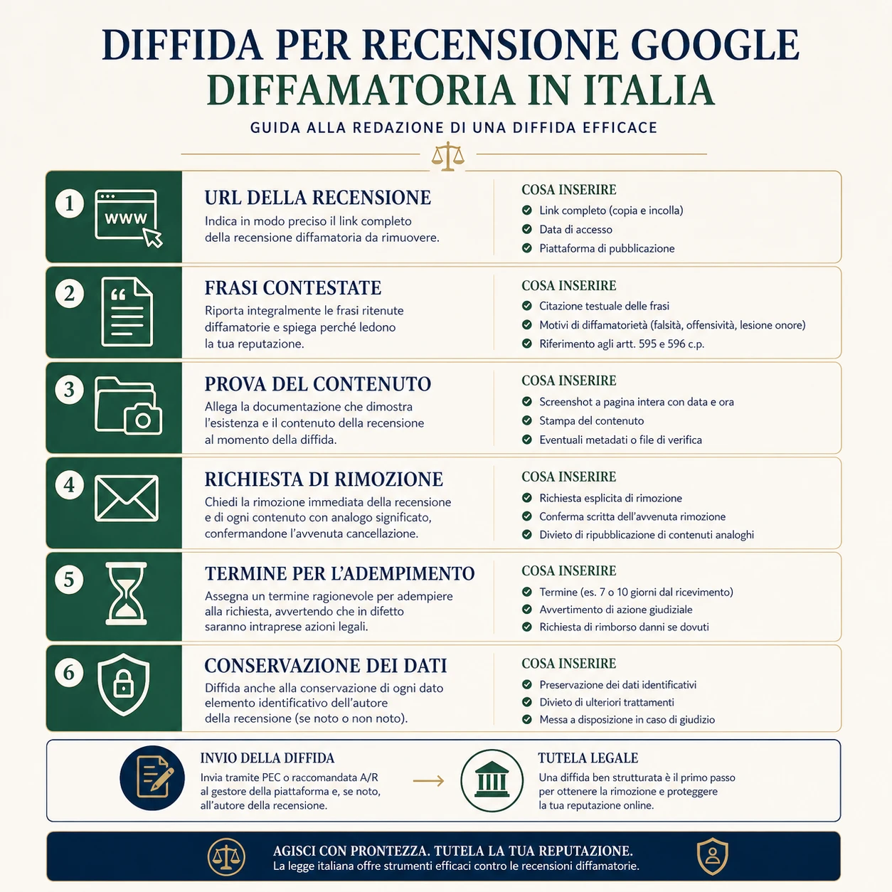 Infografica sulla preparazione di una diffida per recensione Google in Italia