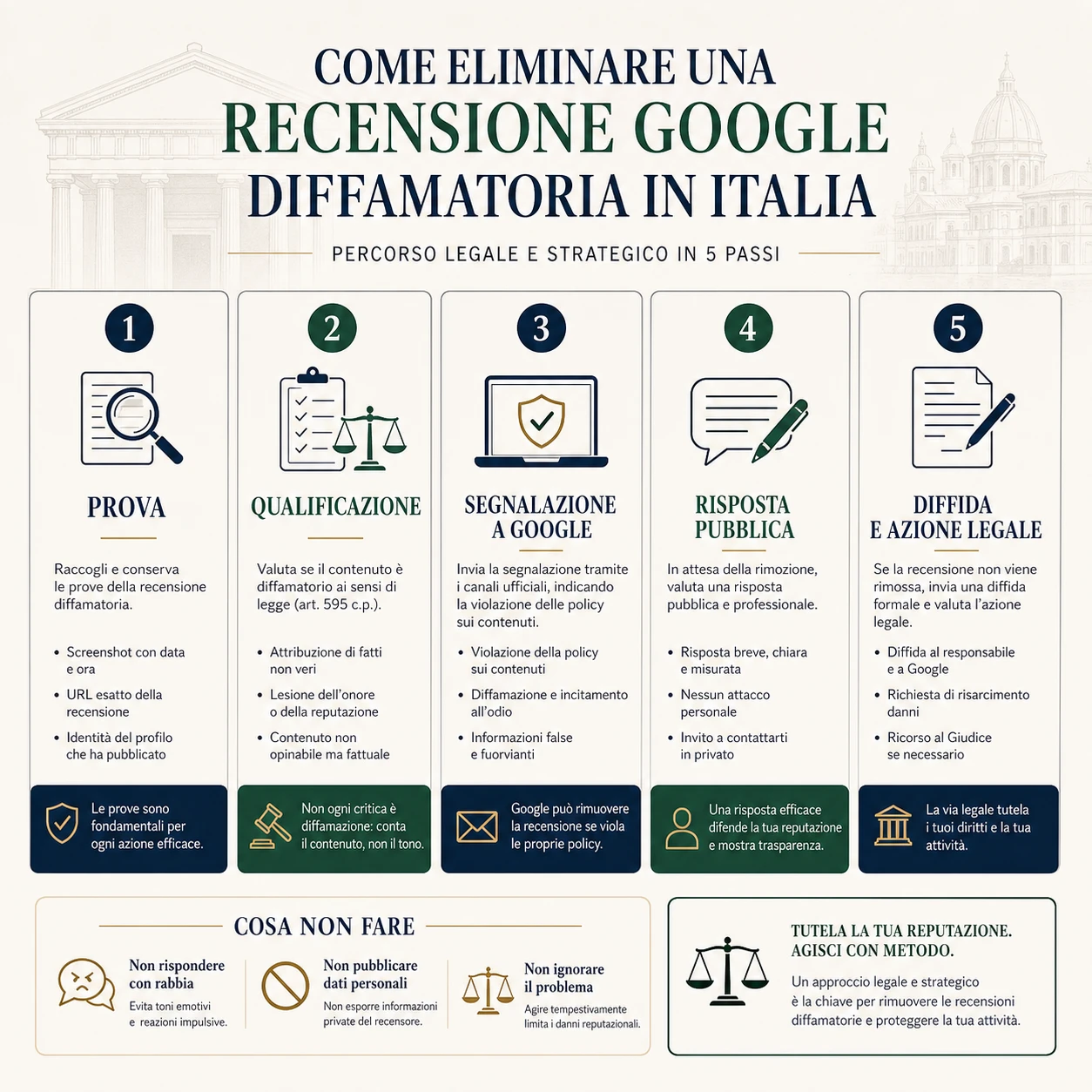 Infografica tecnica in italiano sulla rimozione di una recensione Google diffamatoria