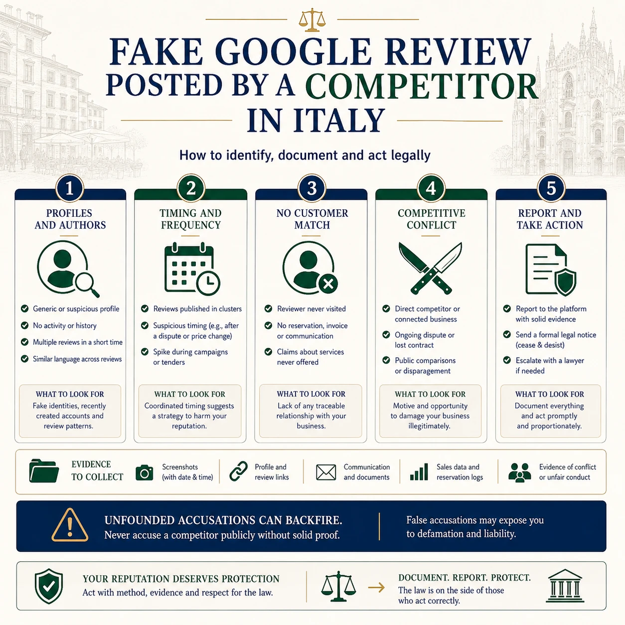 Infographic on proving a competitor fake Google review in Italy