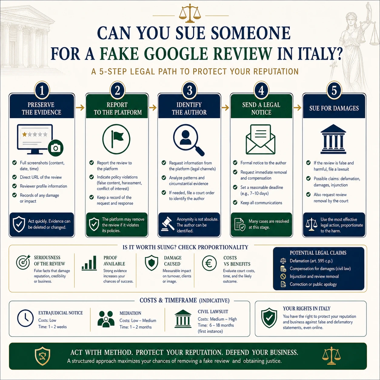 Decision-tree infographic for suing over a fake Google review in Italy