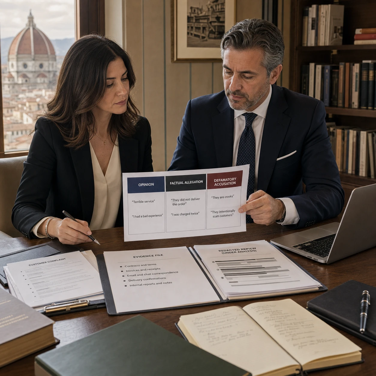Italian legal team distinguishing a negative Google review from defamation