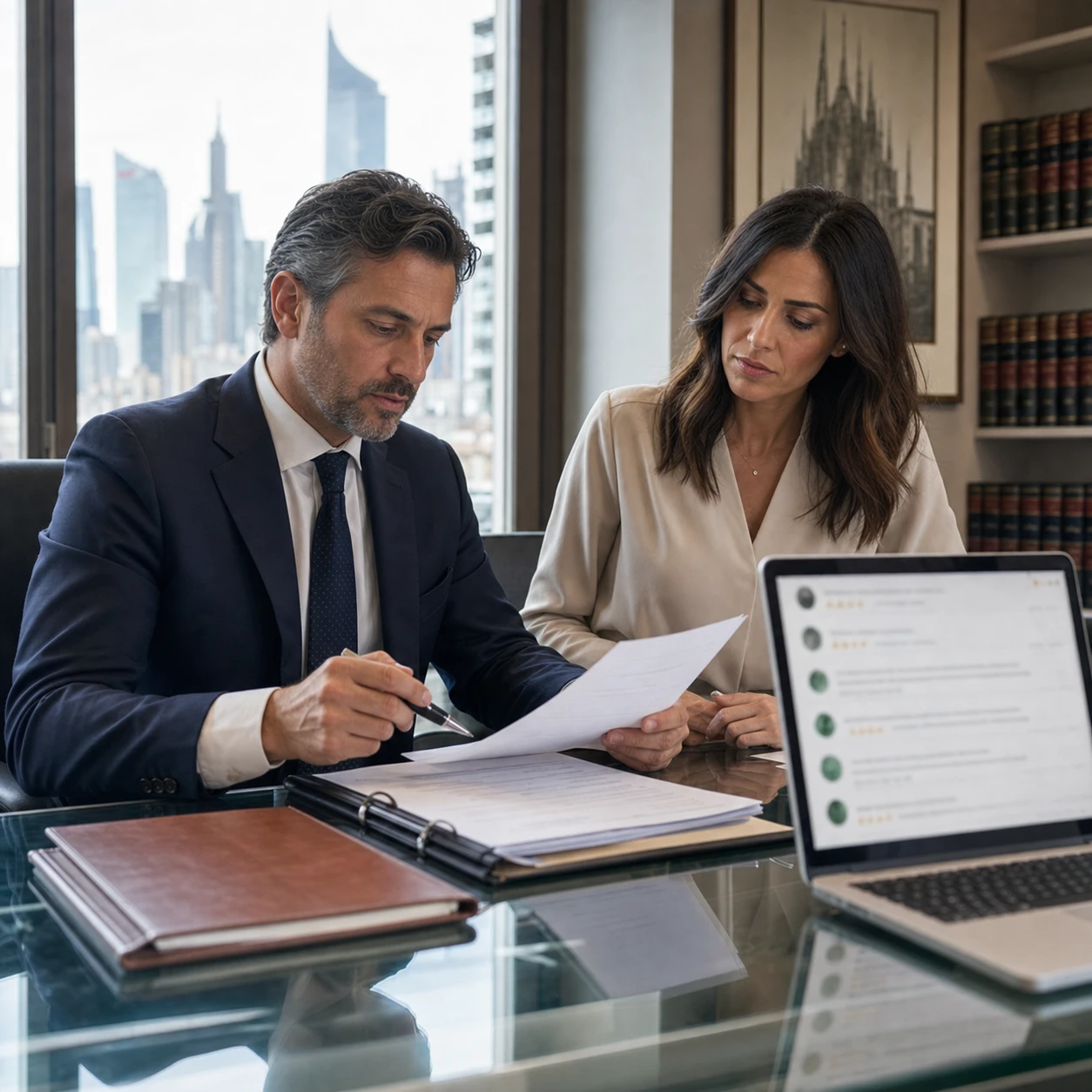 Italian lawyer reviewing a defamatory Google review file with a Milan business owner