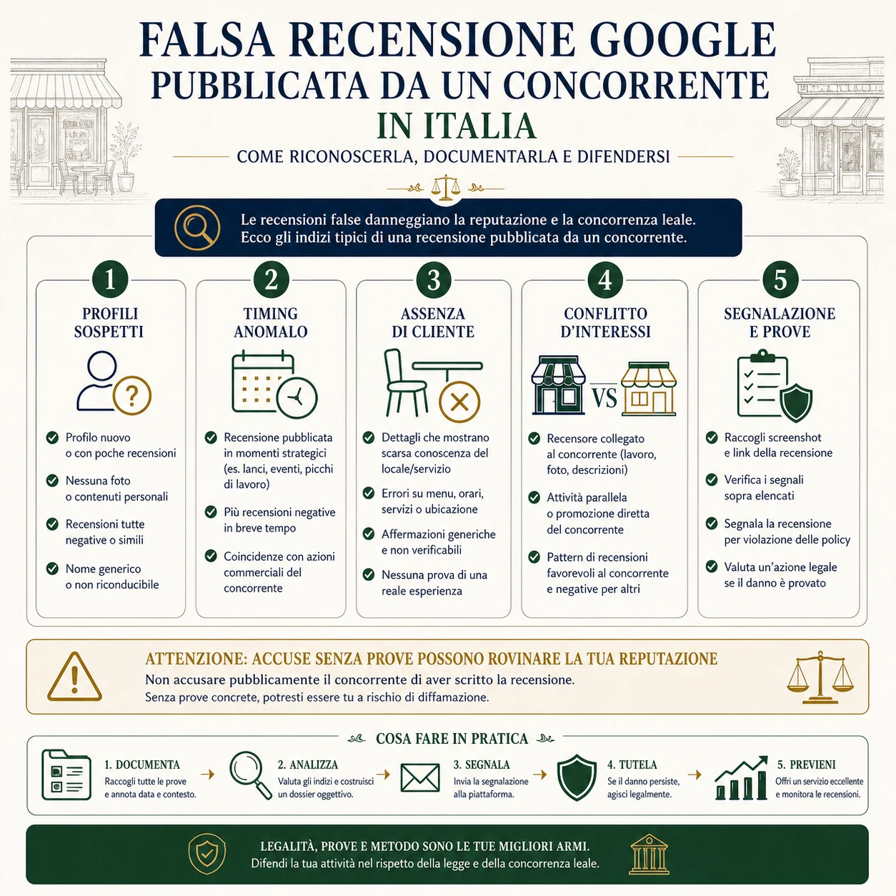 Infografica sulla prova di una falsa recensione Google pubblicata da un concorrente in Italia