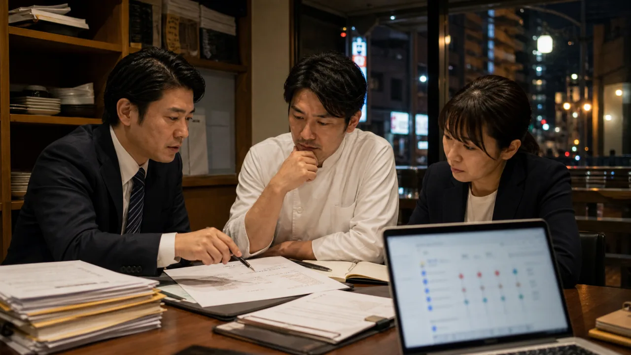 Osaka business owner and lawyer reviewing a negative review campaign case study