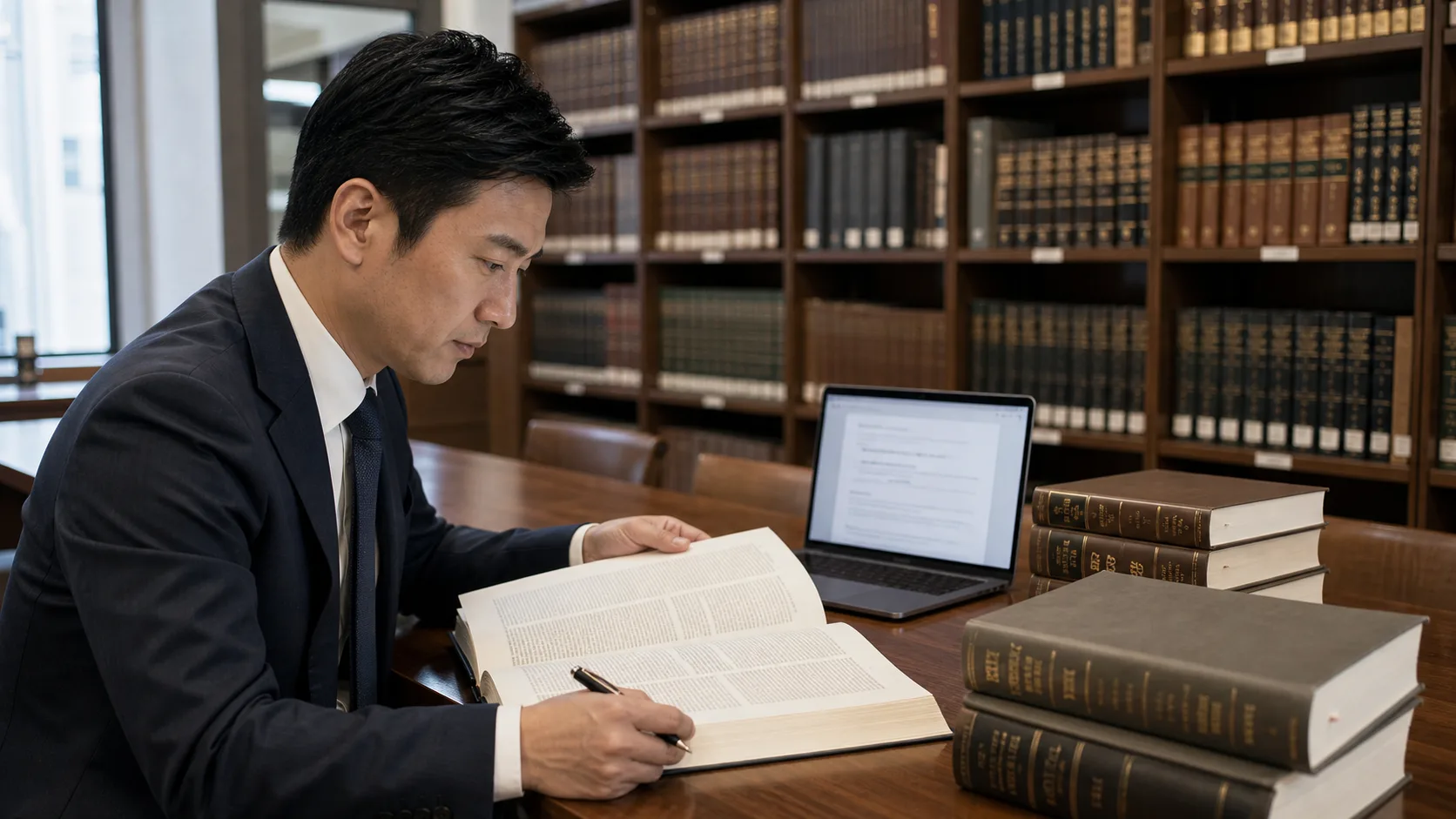 日本の法律図書館でオンライン名誉毀損判例を調査する弁護士