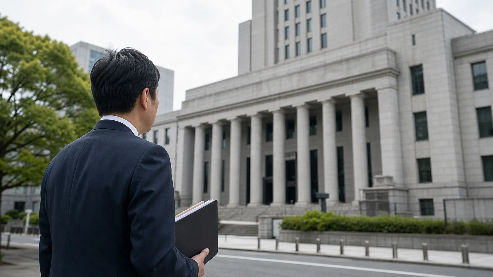 東京の裁判所前でオンライン名誉毀損ファイルを持つ日本の弁護士