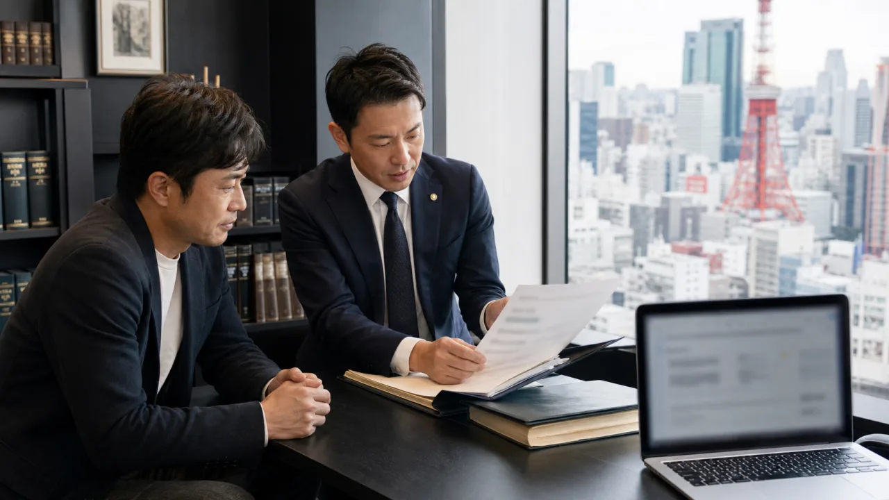 Japanese lawyer and business owner in a Tokyo law office reviewing a defamatory Google review file