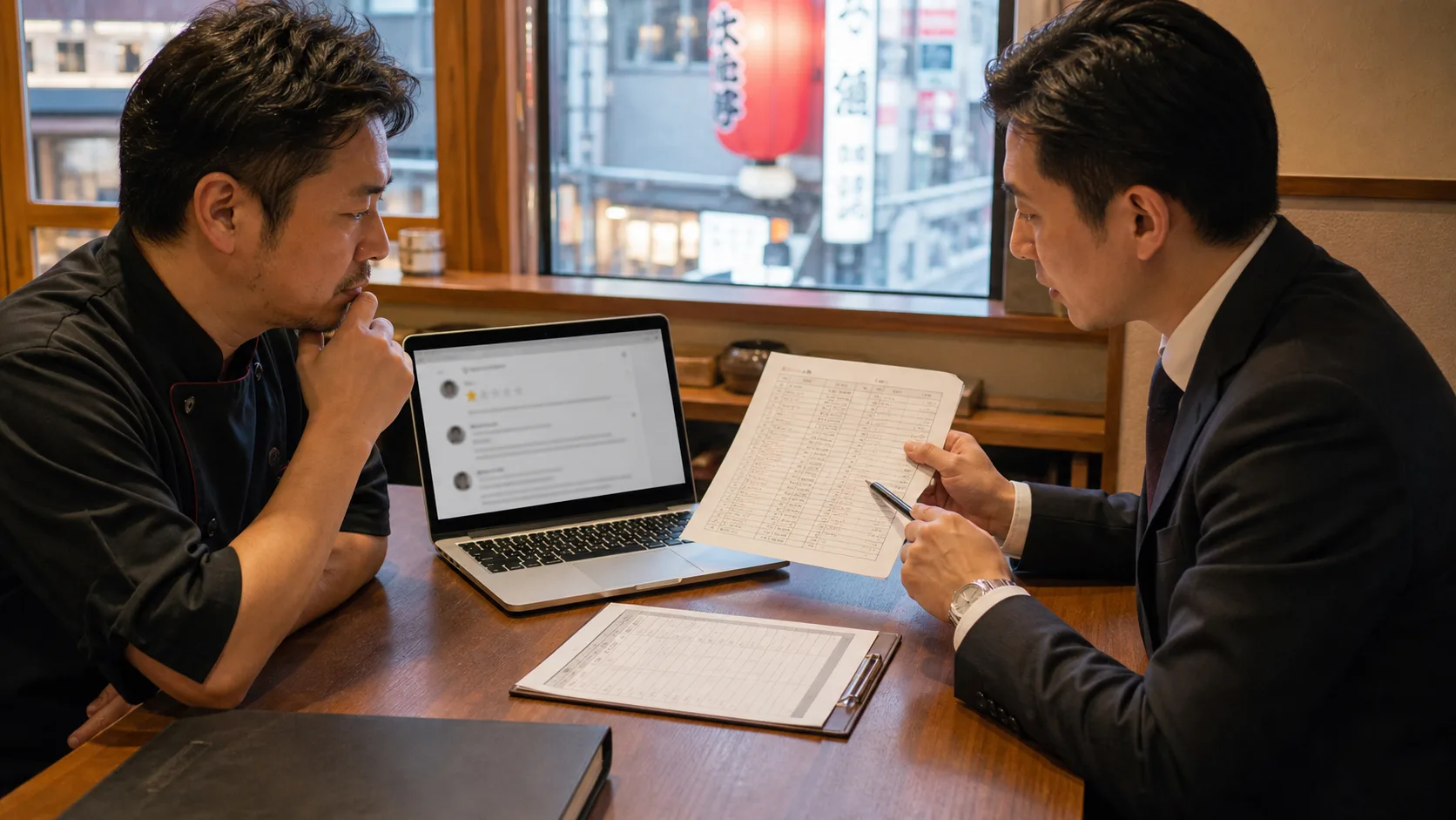 大阪の店舗で疑わしいGoogleレビューを予約記録と照合する弁護士と経営者
