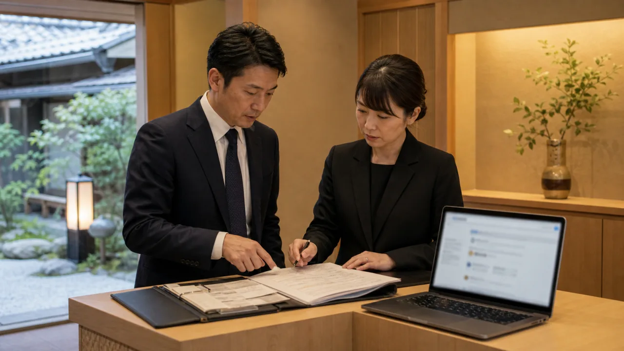 Kyoto business manager and lawyer checking records against a suspicious Google review
