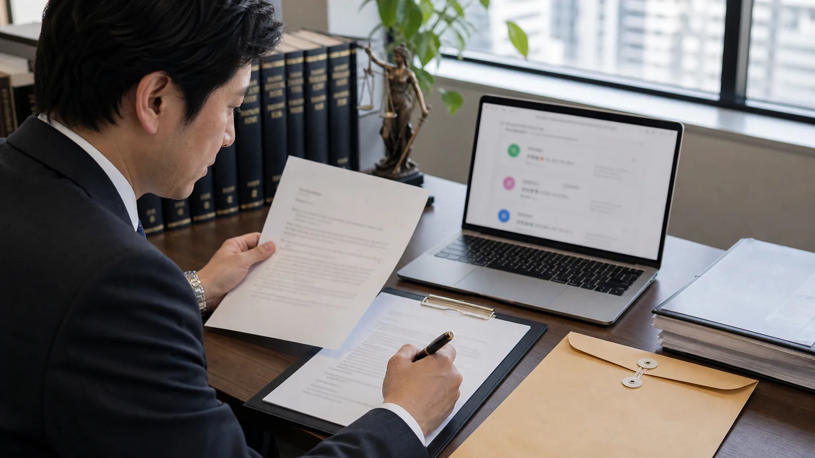 東京の法律事務所でGoogleポリシー報告と正式な警告書を準備する日本の弁護士