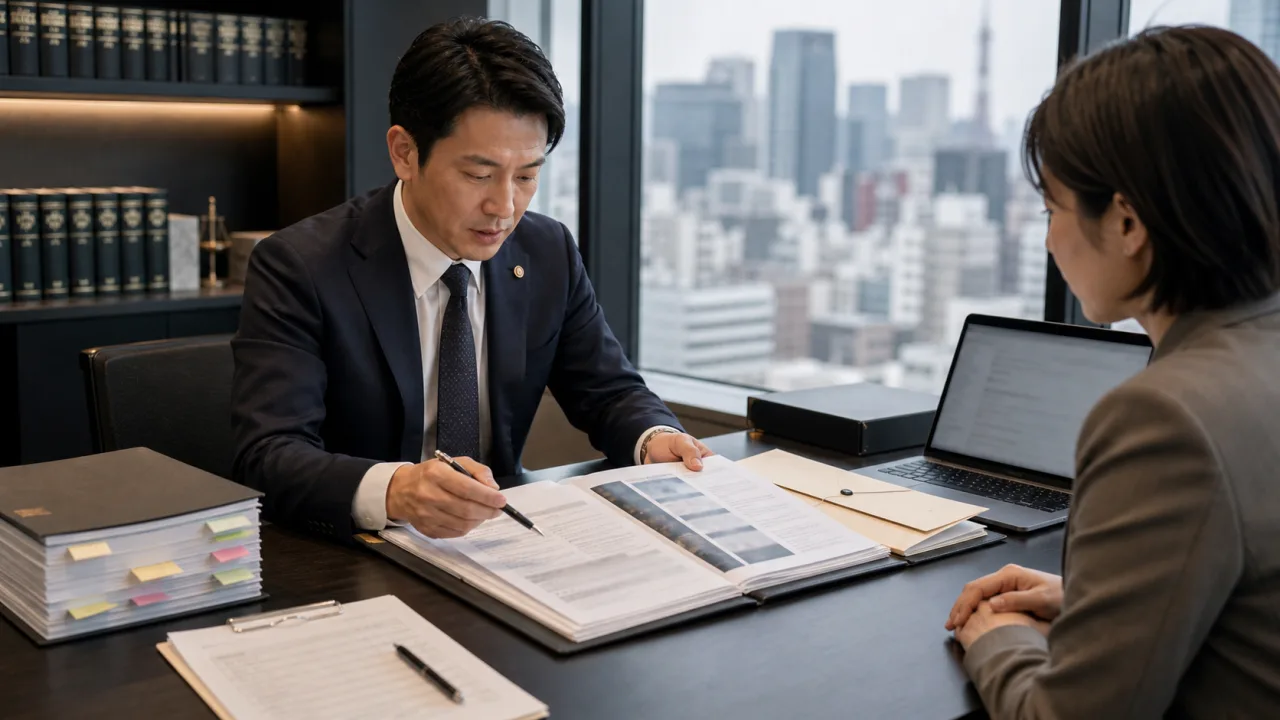 Japanese lawyer preparing a Google policy report and legal notice package in Tokyo
