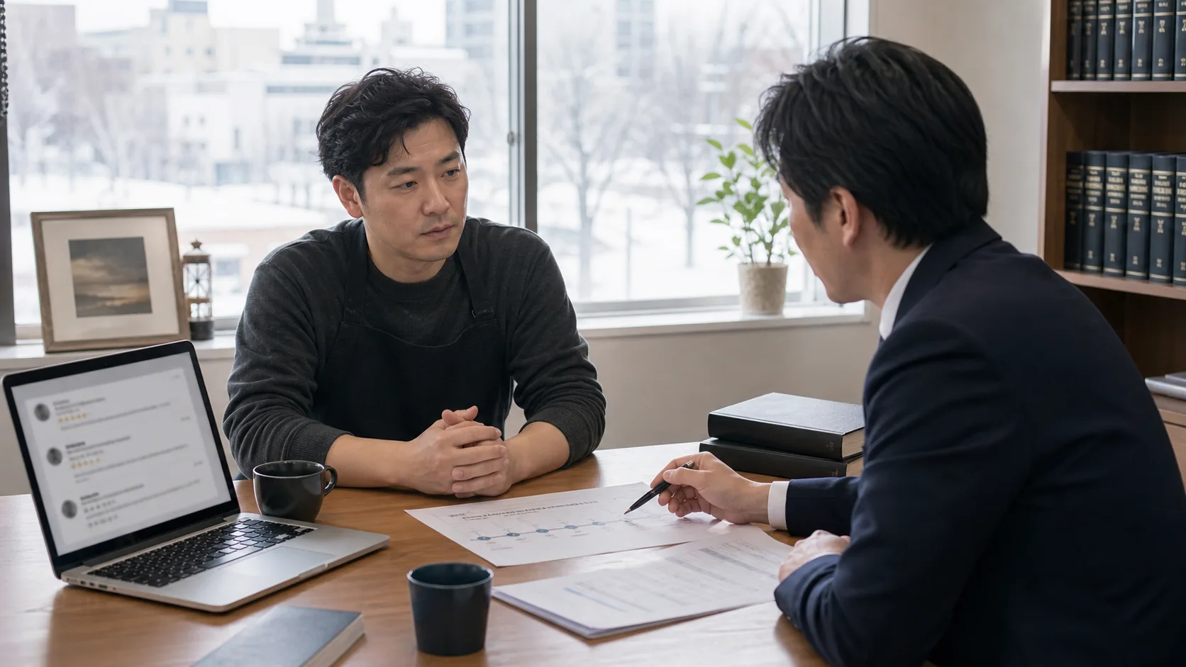 札幌の事業者が有害なGoogleレビューについて日本の弁護士から実務助言を受ける場面