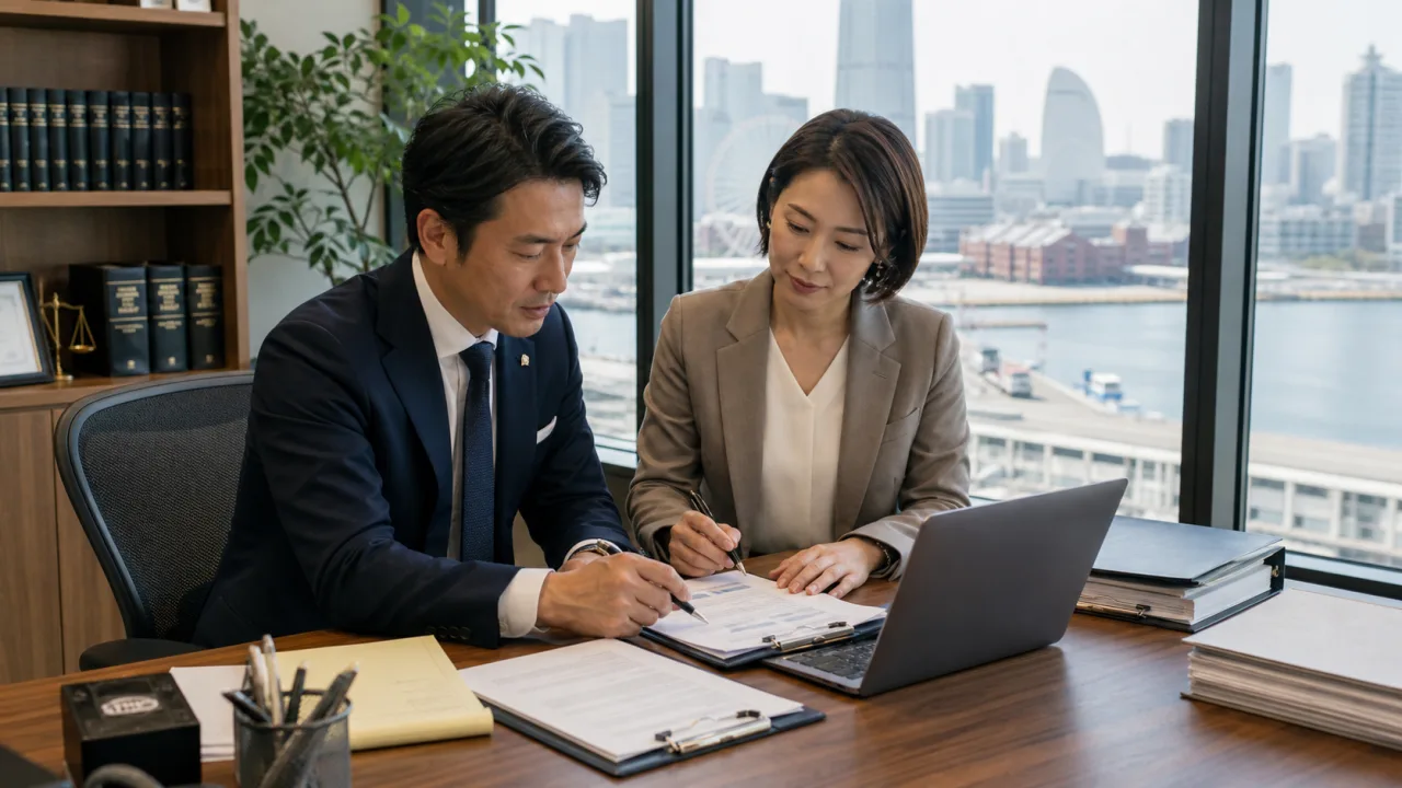 Japanese lawyer and business manager drafting a safe public response to a harmful review