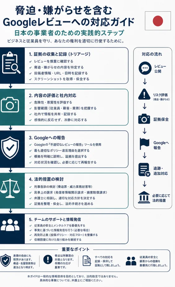 日本でスタッフを標的にする、または脅迫を含むGoogleレビュー: 実務的な削除戦略