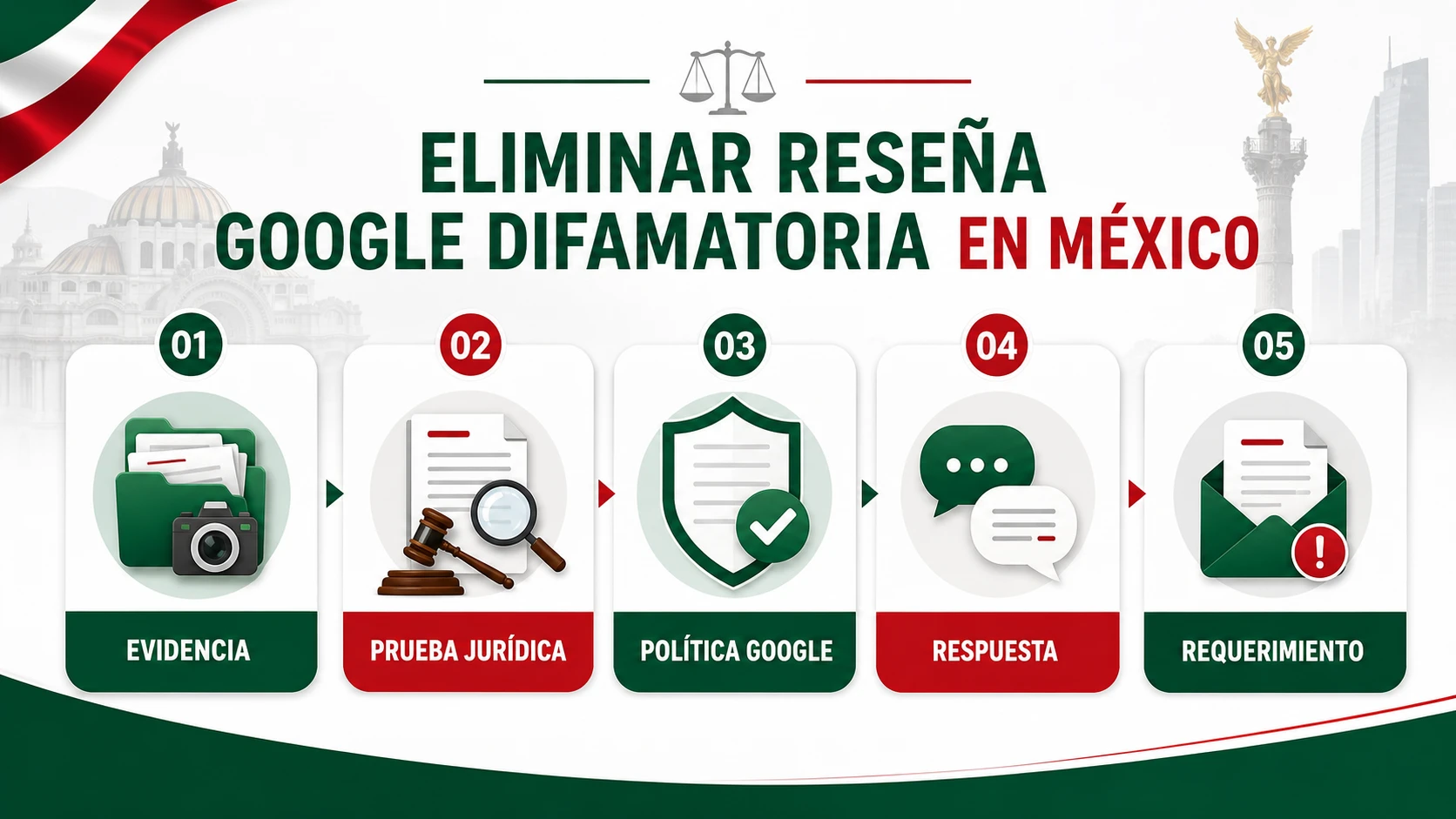 Infografía en español sobre eliminar una reseña Google difamatoria en México