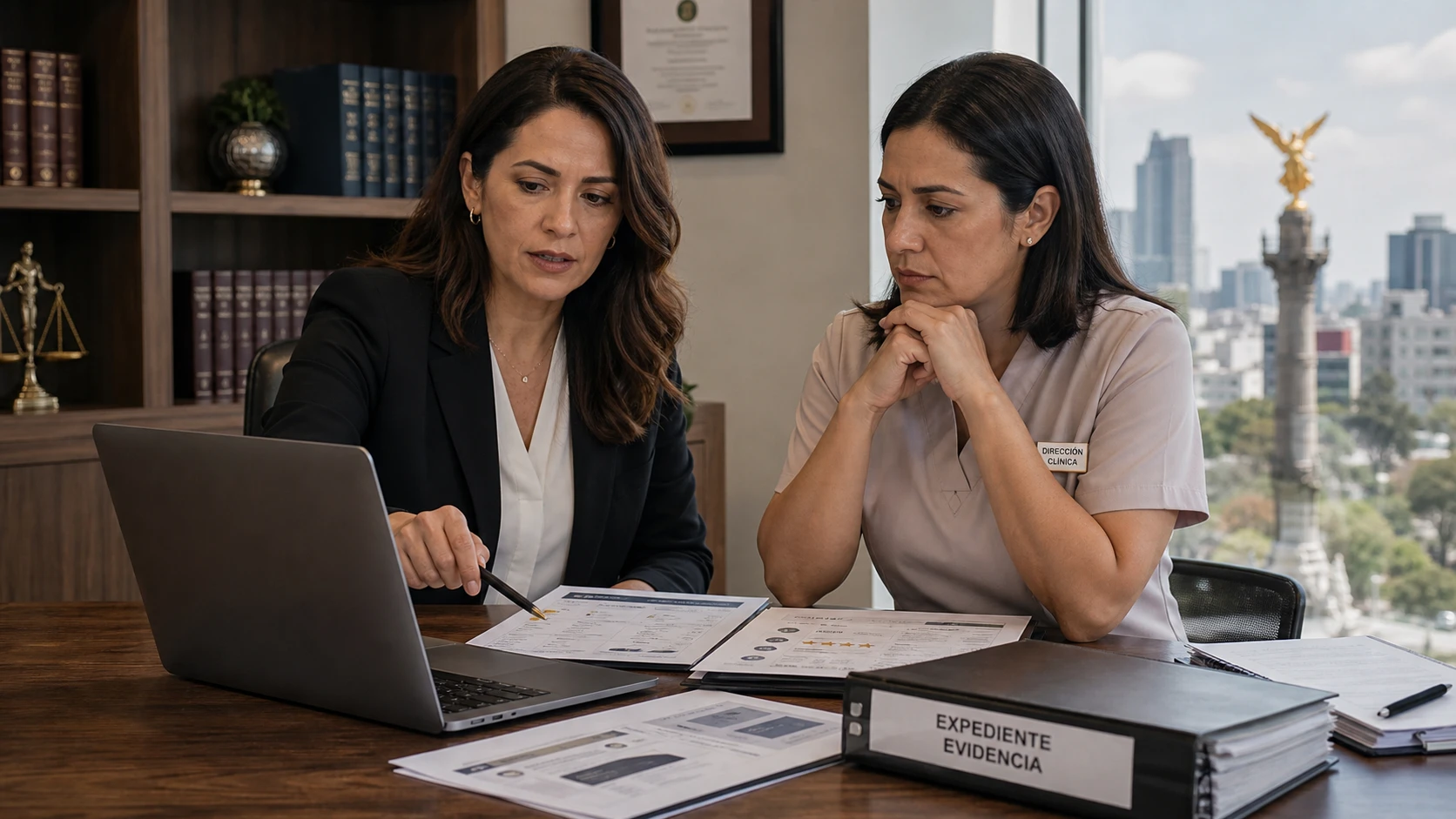 Abogada mexicana y directora de clínica revisan una reseña Google difamatoria en Ciudad de México