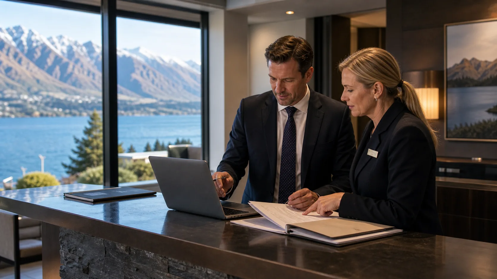 Queenstown hotel manager and lawyer checking booking records against suspicious Google reviews