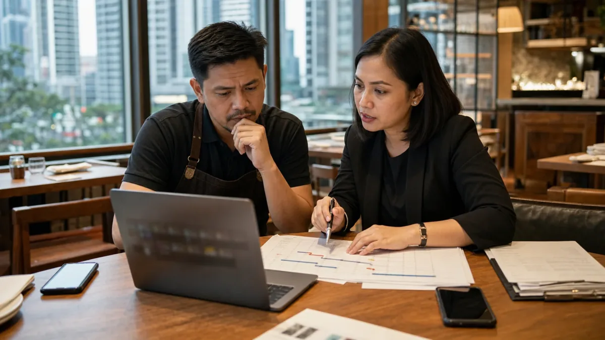 Makati restaurant owner and Philippine lawyer reviewing a coordinated Google review campaign