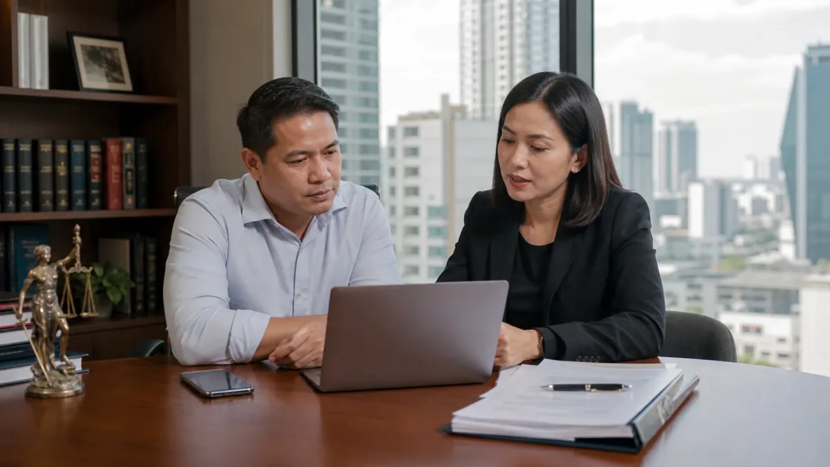Philippine lawyer in Manila reviewing a defamatory Google review file with a clinic owner