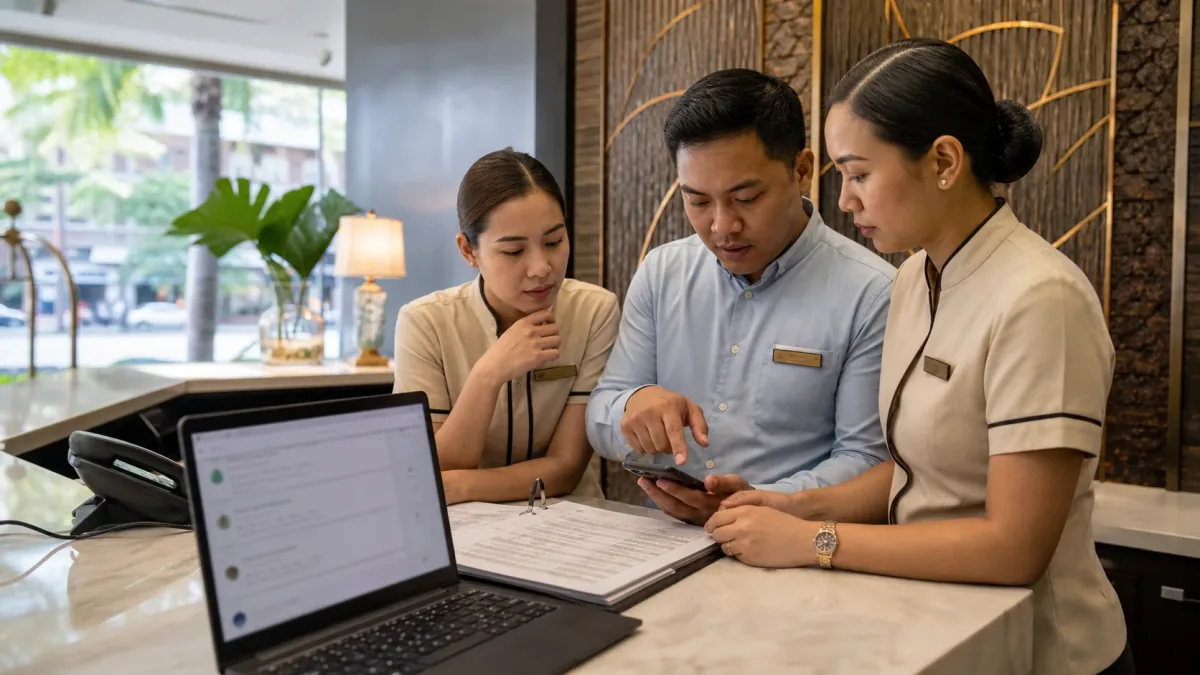 Cebu hotel team checking reservation records against a suspicious Google review