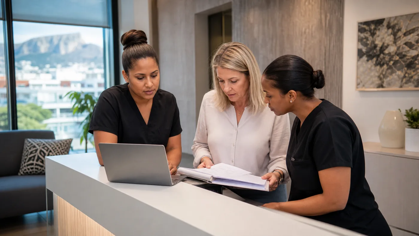 Cape Town clinic team checking customer records against a suspicious Google review